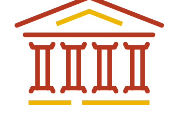 Pictogramme rouge et jaune représentant un bâtiment évoquant un tribunal