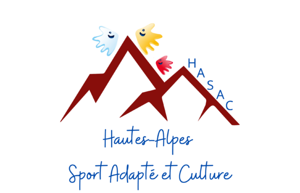 Logo du club HASAC, figurant des montagnes et reprenant les 3 mains colorées qui figurent sur le logo de la fédération française de sport adapté