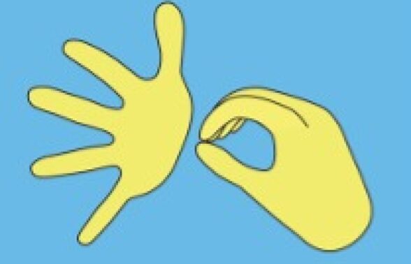 Deux mains qui signent un 0 et un 5, jaunes sur fond bleu. C'est le logo de l'association le Monde des Sourds pour tous