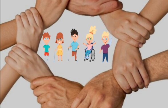 Logo constitué de mains reliées les unes aux autres avec, au centre, des enfants en situation de handicap dessinés en couleur
