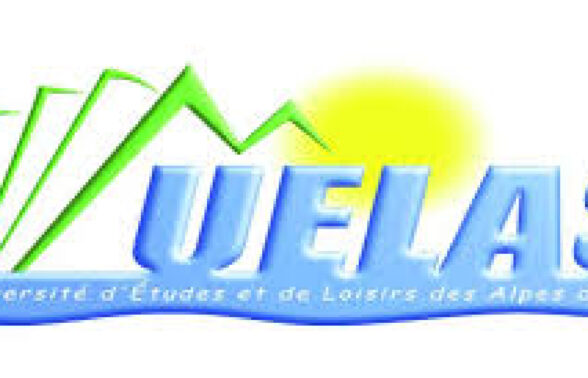 Logo UELAS, bleu avec des montagnes stylisées en vert et un soleil