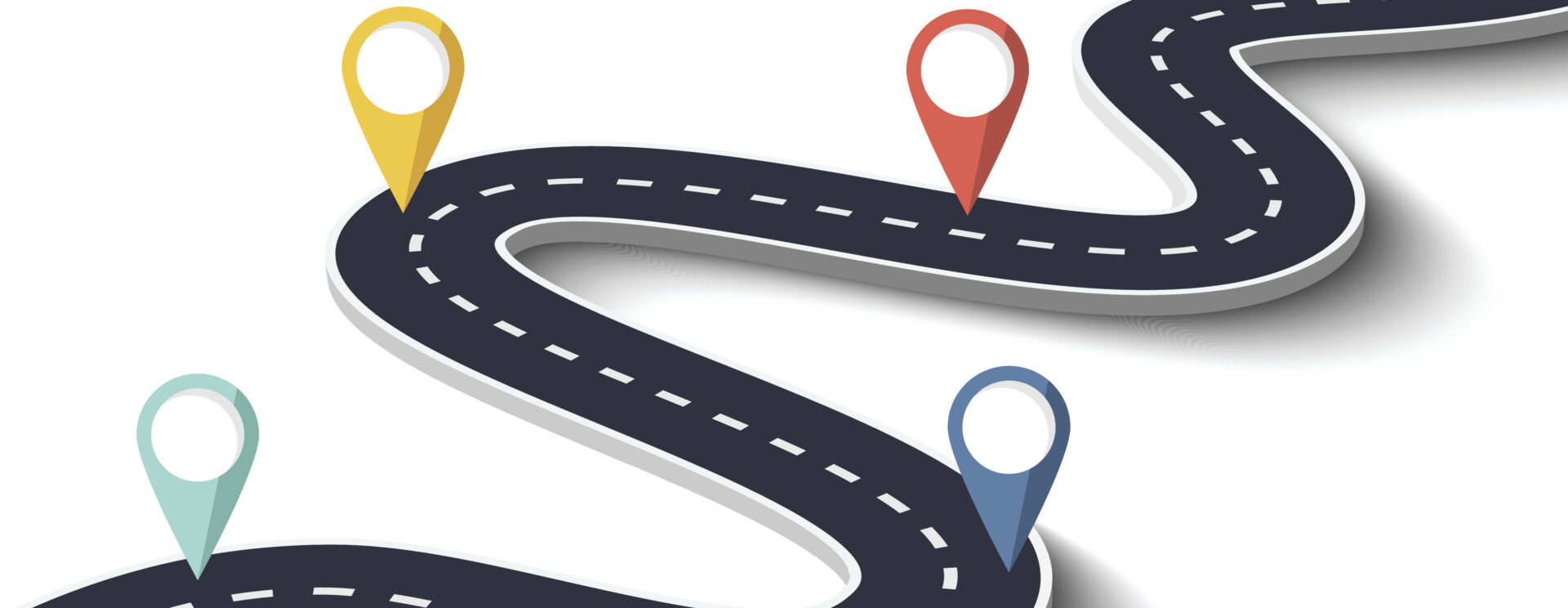 Une route sinueuse, et sur cette route plusieurs symboles de points d'étape