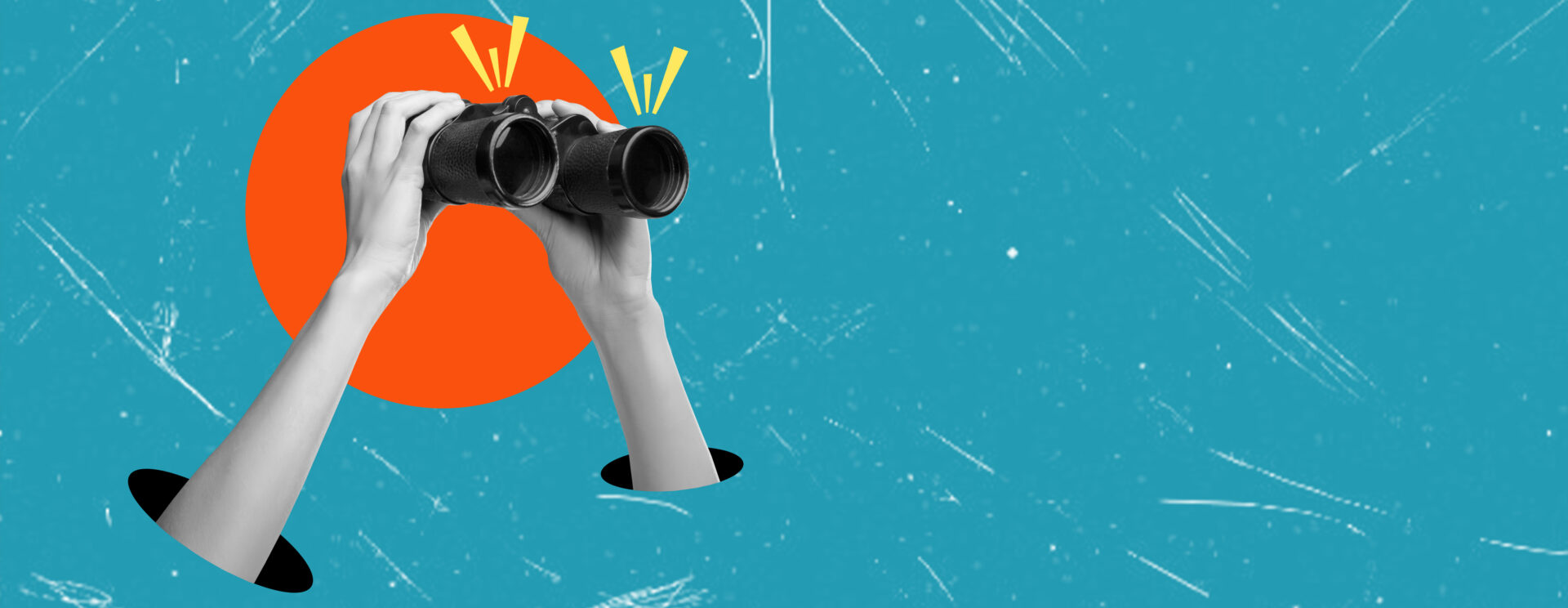 Un collage sur fond bleu, avec un disque orange, d'où sortent deux mains tenant des jumelles