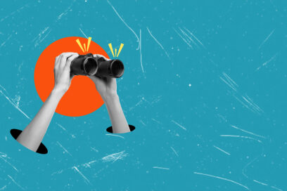 Un collage sur fond bleu, avec un disque orange, d'où sortent deux mains tenant des jumelles - Agrandir l'image, fenêtre modale