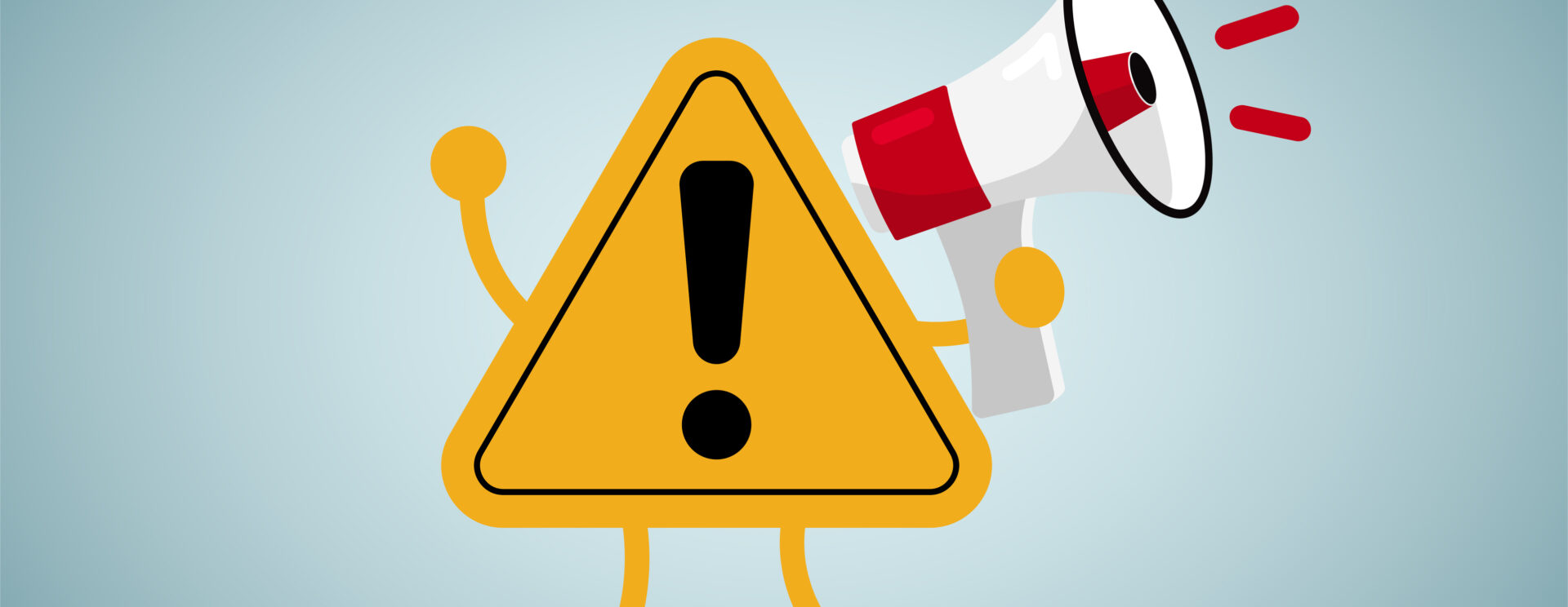 Un panneau de signalisation de danger, point d'exclamation sur fond jaune. Le panneau a des bras et des jambes et tient un mégaphone