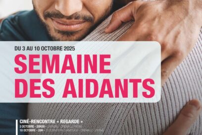 Affiche de la semaine des aidants, montrant un jeune homme enlaçant une personne vulnérable, de dos. - Agrandir l'image, fenêtre modale