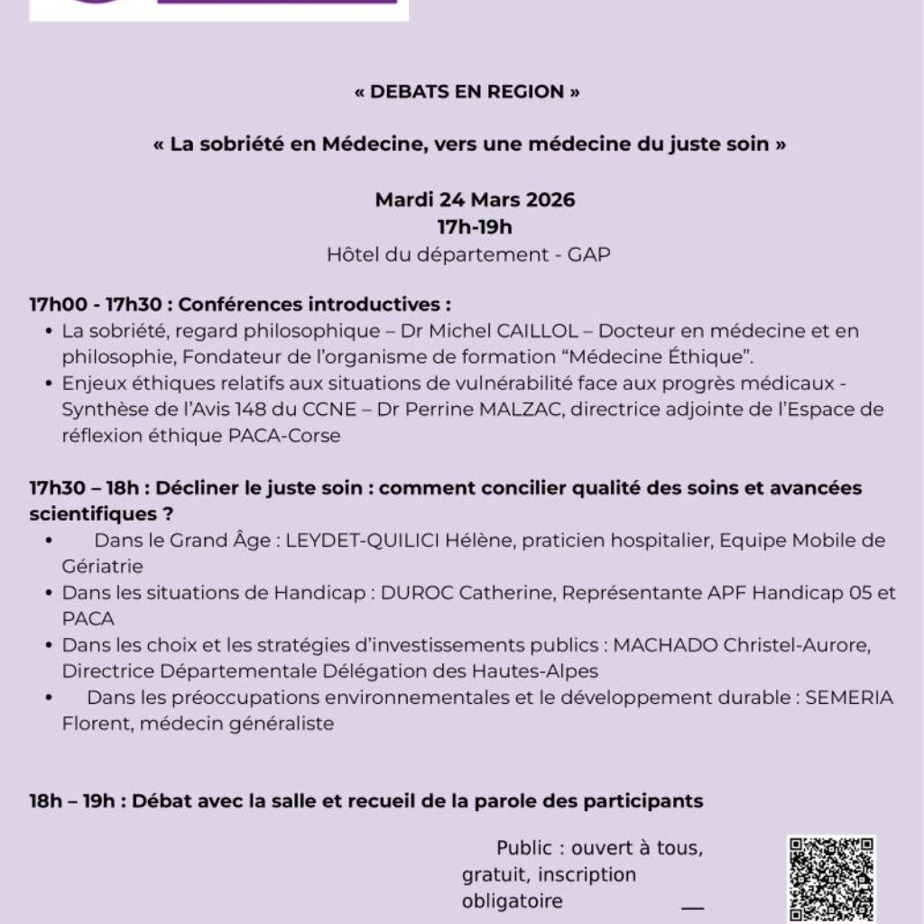 Affiche détaillant le programme du débat du 24 mars 2026 à Gap, dans le cadre des états généraux de la bioéthique. Ce programme est précisé dans le corps de l'actualité.